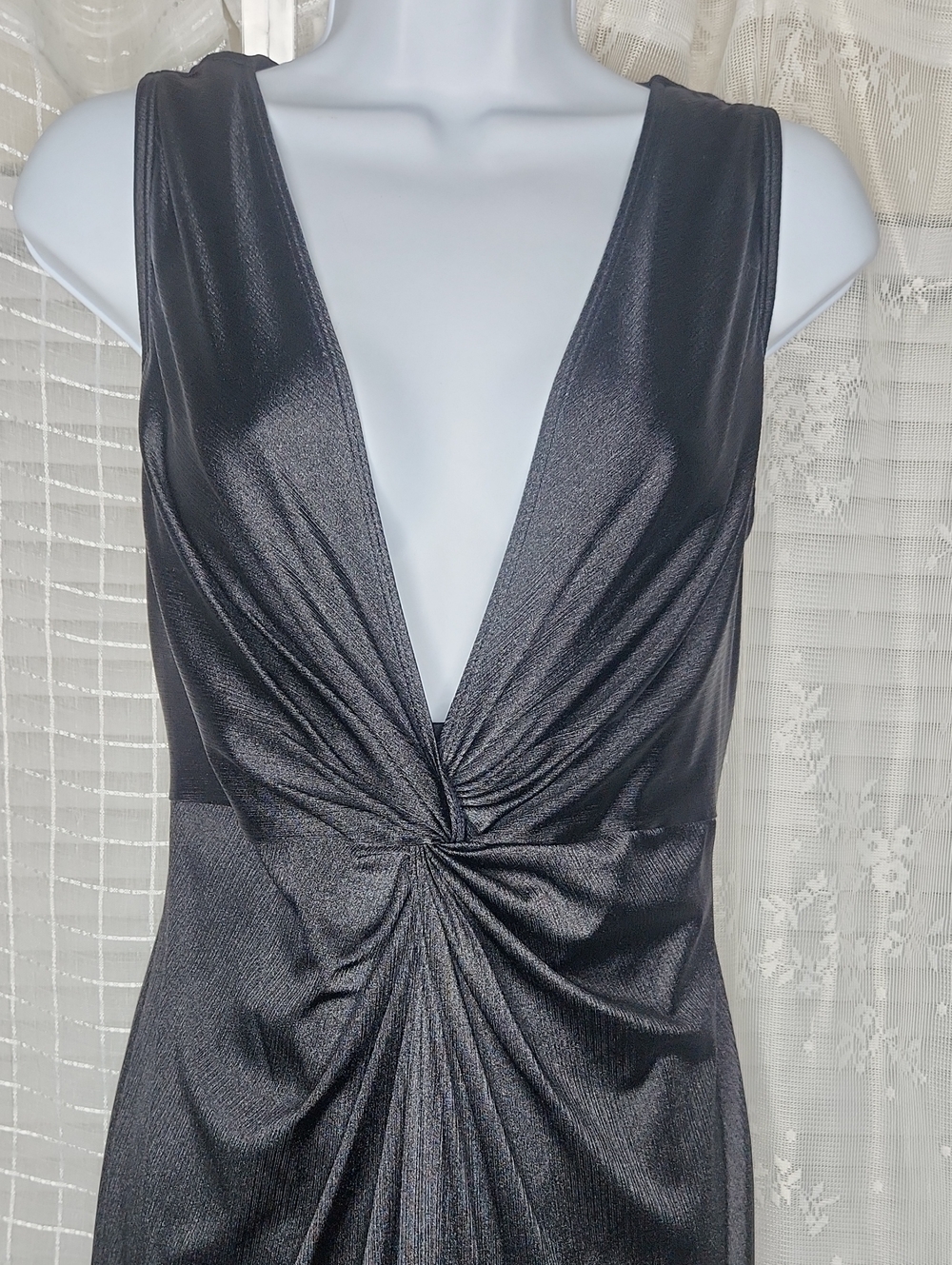Popilush Shapewear Black Shine Deep V-Neck Bias Twist Hourglass Maxi Dress SzXXL - Picture 2 of 6